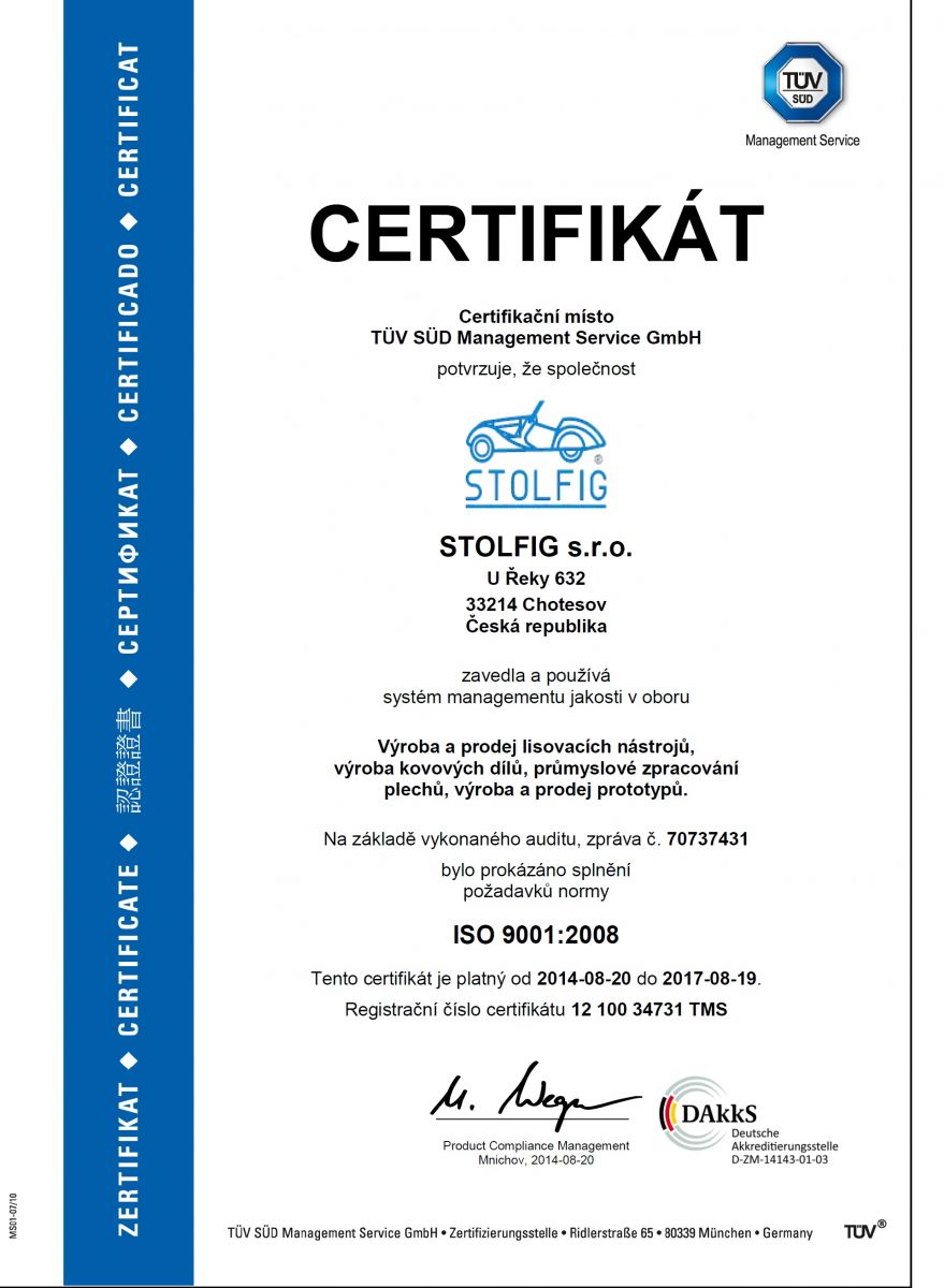 Certifikt ISO 9001:2008- Vroba a prodej lisovanch nstroj, vroba kovovch dl, prmyslov zpracovn plech, vroba a prodej prototyp