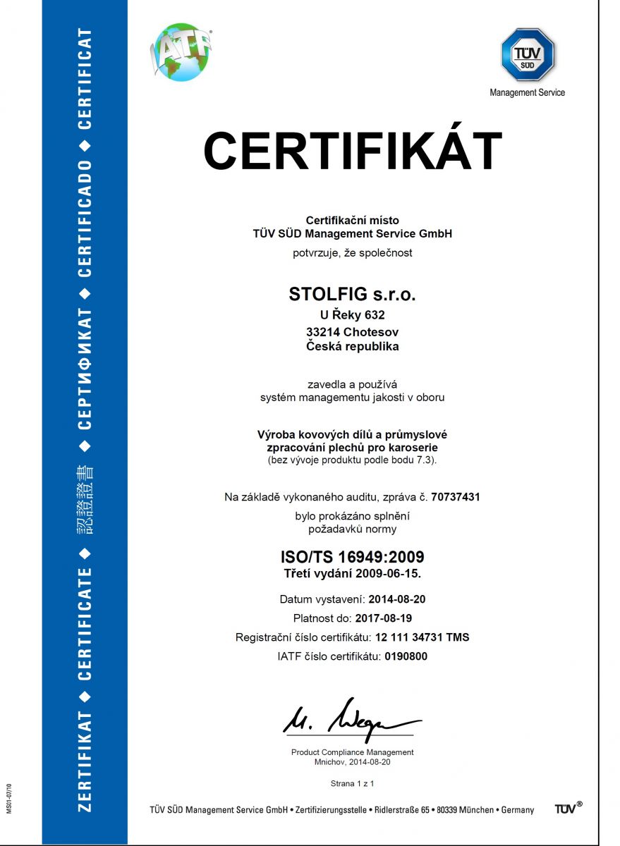 Certifikt ISO/TS 16949:2009 - Vroba kovovch dl a prmyslov zpracovn plech pro karoserie